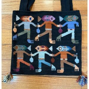 Vintage Peruvian Connection Wool Fish-Head People Tote Bag Handmade EUC
